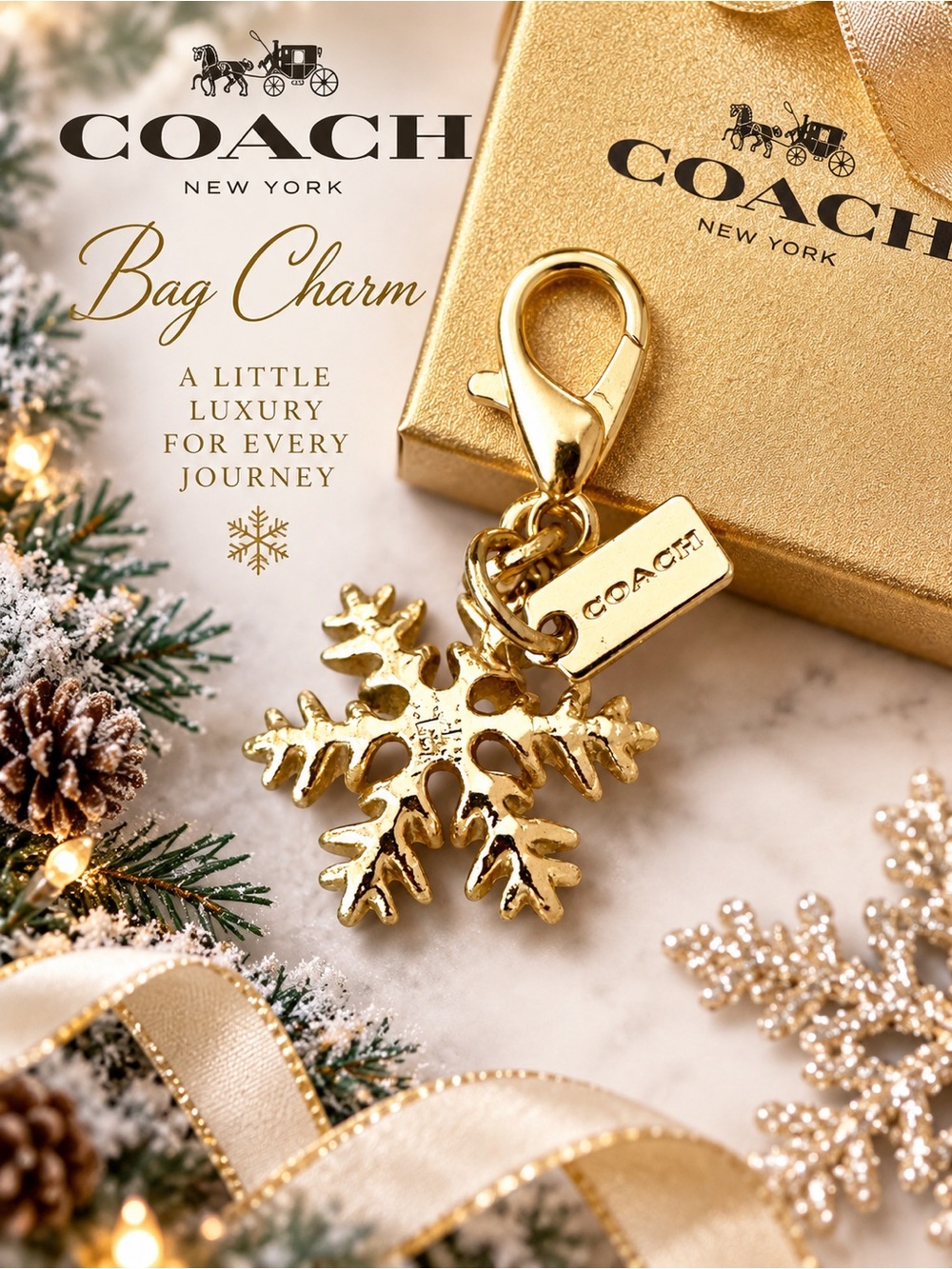 Coach Gold-Tone Snowflake Bag Charm with Logo Branded Tag - Collectible Gift